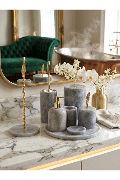 BRONX MARBLE Gri Mermer Düz Banyo Seti, 8 Parça , Yaprak Gold Aksesuar Detayl...