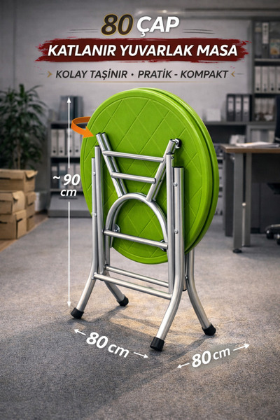 regnum plastik Katlanır Balkon Bahçe Masası Yuvarlak 80*80 Ölçü Renk Yeşil