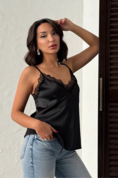 cemo Kadın Dantel Detaylı Askılı Saten Bluz