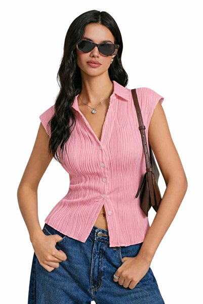 CASUALSTYLE Kadın Gömlek Yaka Düğmeli Dalga Jakar Slim Fit Kolsuz Bluz