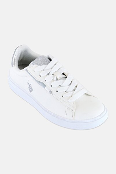 U.S. Polo Assn. حذاء نسائي كاجوال دانتيل وشعار ماركة جلد ، أبيض