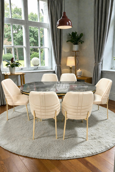 MSY HOME 6 Kişilik Monaco Stil Gold Çizgili Krem Kumaş İroni Oval Masa Modern...