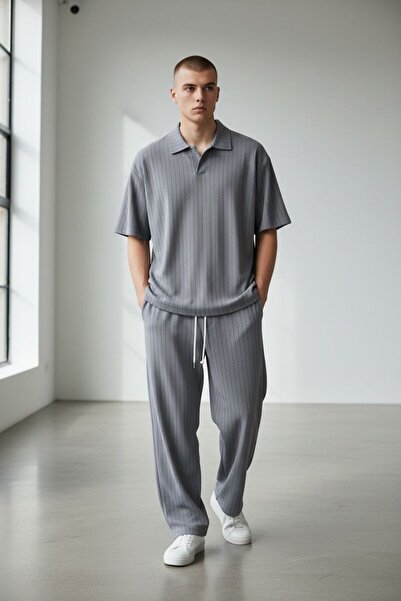 Altamira Ανδρικό σετ Smoke Grey Patched Ριγέ Κρεπ oversized