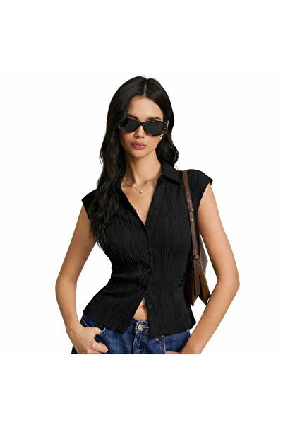 CASUALSTYLE Kadın Gömlek Yaka Düğmeli Dalga Jakar Slim Fit Kolsuz Bluz