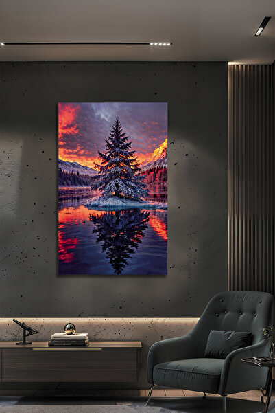 B&G DESIGN Peisaj de iarnă cu lac și pin, tablou pe sticlă, decor de perete t...