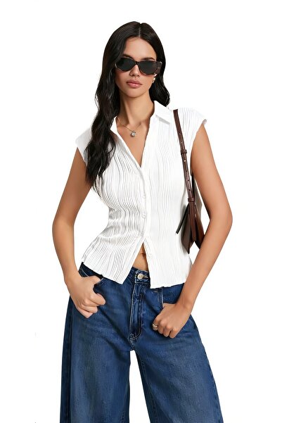 CASUALSTYLE Kadın Gömlek Yaka Düğmeli Dalga Jakar Slim Fit Kolsuz Bluz