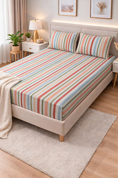 Clasy Set Ranforce cearșaf cu elastic pentru două persoane cu dungi Multicolo...