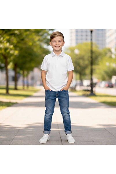 GS TEKSTİL Children's Boys Polo Collar T-Shirt with Snap Fasteners White