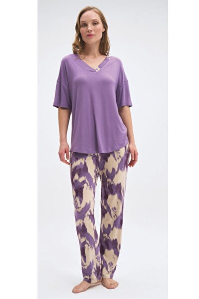 Pijadore Βισκόζη Ελαστικό Υφασμάτινο σετ γυναικείων πιτζάμες με κοντά μανίκια...
