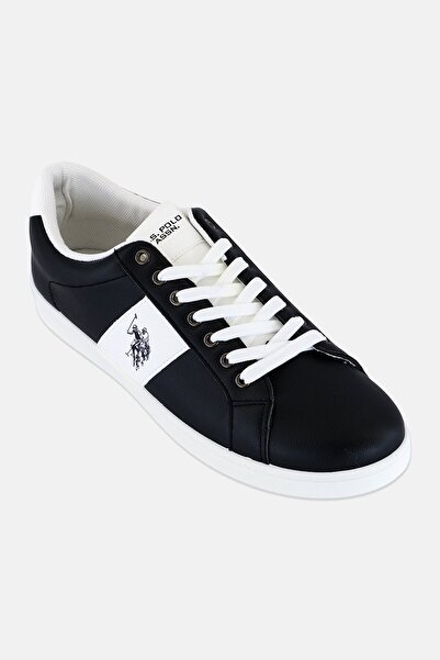 حذاء رياضي رجالي من جلد دانتيل وشعار ماركة، أسود