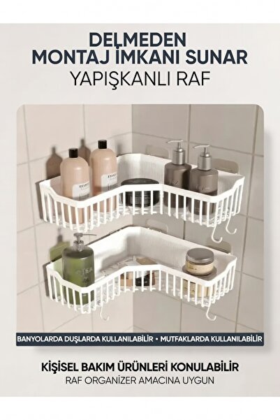 GenelTedarik YAPIŞKANLI BANYO DUŞ KÖŞE RAFI ÇOK AMAÇLI DELMEDEN MONTAJ KÖŞE Y...