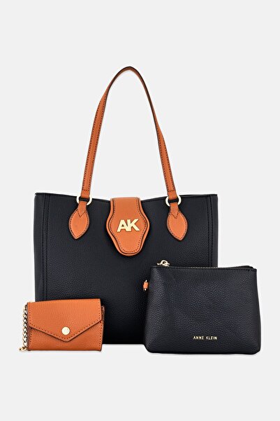 Anne Klein Women 3Pcs Brand Logo Tote Bag With Purse And Wallet, Black