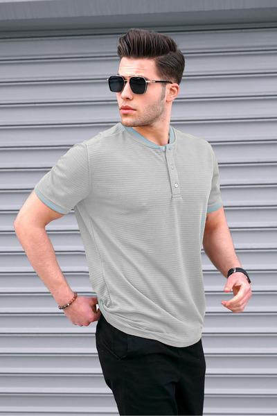 Madmext Painted Gray Buttoned Knitwear Men's T-Shirt 5842