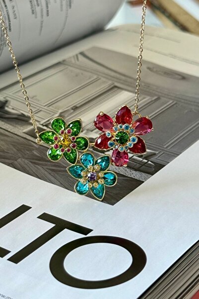 Trendy Butik Çelik Parlak 3 Renkli Çiçek Kolye