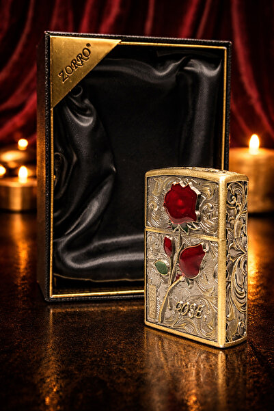 Zorro Benzinli Çakmak Gül İşlemeli, Sanatsal Kabartma Detaylarıyla Eşsiz ve P...