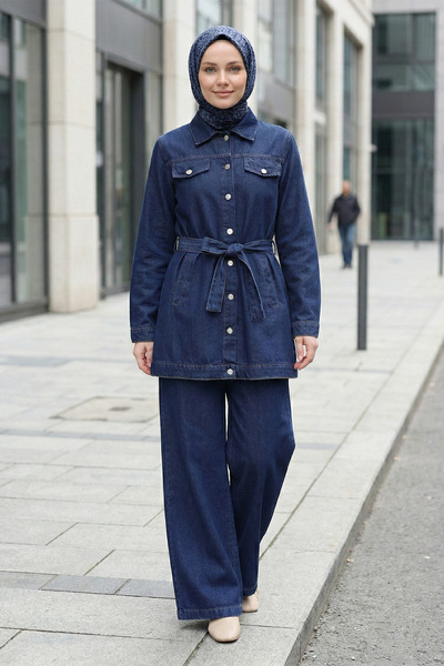 Kirazgym Women's Buttoned Waist Belt in Pocketed Denim Jacket and Trousers Se...