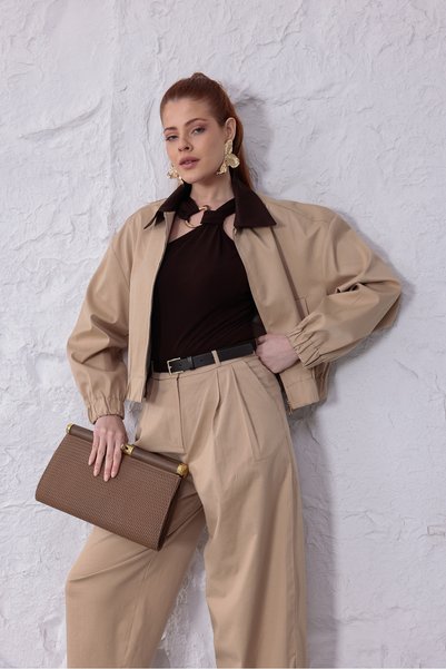 Yeys Shop Kahve Yaka Bej Ceket-Pantolon Takım