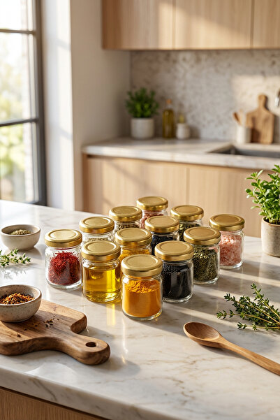MEST طقم توابل زجاجي مكون من 12 قطعة مع أغطية ذهبية - حاوية تخزين توابل زجاجية