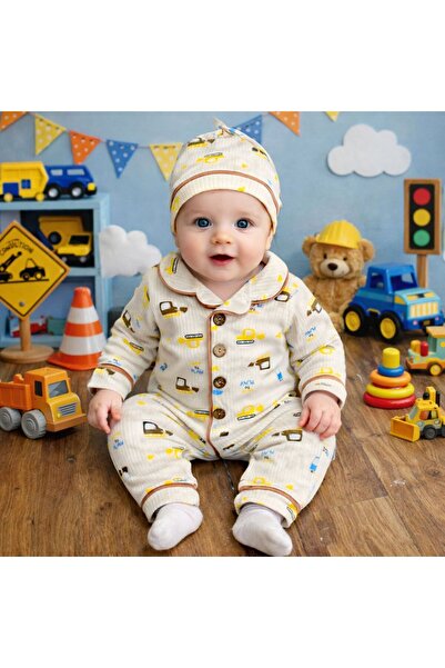 Sincap Baby بدلة أطفال مزودة بأزرار وقبعة مصنوعة من القطن الممشط بنسبة 100% ق...