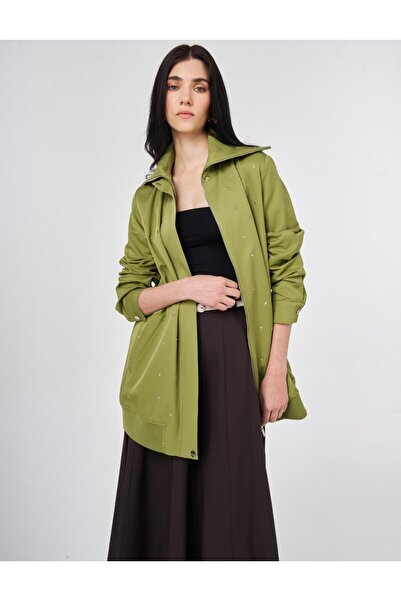 Kayra Wide Collar Hotfix Printed Jacket Matcha Green