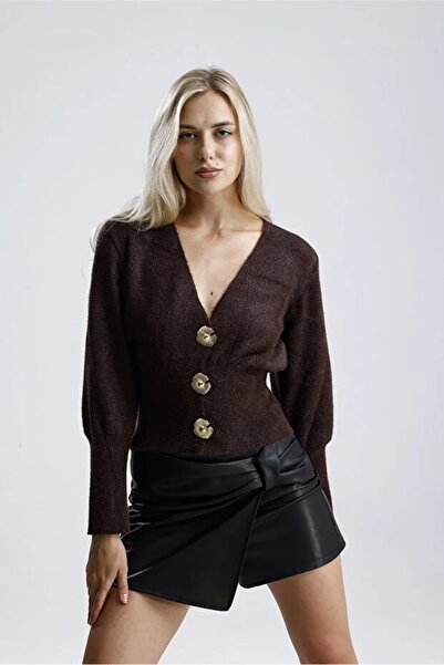 İKLİM LİFE Кардиган с V-образно деколте от ангора с метални копчета