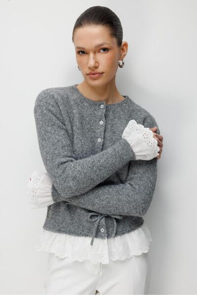 Mixray 7025 Women's Lace Detailed Soft Knitwear Cardigan Anthracite