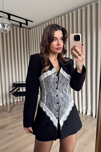 Sue Store Jachetă blazer cu design corsetat alb-negru dantelă