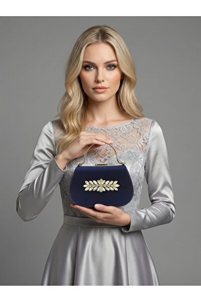 Biçanta Navy Blue Color Glittery Satin Stone Strappy Chain Women's Evening Dr...