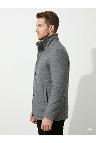 İMAJ MAĞAZACILIK Men's Gray Melange Fur-Trimmed Collar Casual Coat - Transitional and Winter