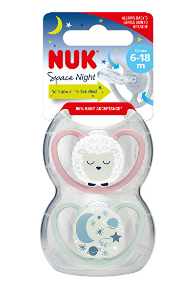 Nuk Силиконова залъгалка Space Night 6-18 месеца за момичета, комплект от 2 броя