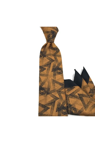 Sade Kravat Mustard Yellow Black Special Tie with Patterned Handkerchiefs 313...