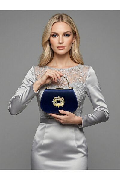 Biçanta Navy Blue Color Glittery Satin Stone Strappy Chain Women's Evening Dr...