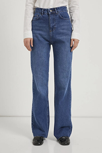 OIL PARK Women's Blue High Waist 100% Cotton Raw Hem Straight Fit Jeans / Str...