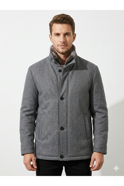 İMAJ MAĞAZACILIK Men's Gray Melange Fur-Trimmed Collar Casual Coat - Transiti...