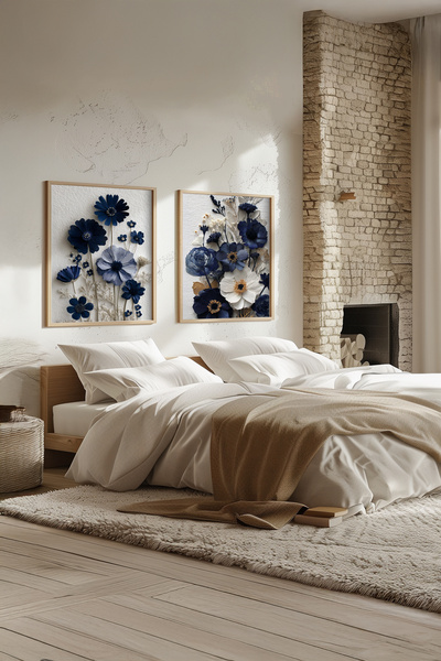 STARYUNA Wooden Framed Navy Blue Floral Double Painting Set Yuna579