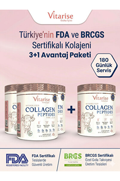 VİTARİSE 4’lü Avantaj Paketi Tatsız Kokusuz Hidrolize Kolajen Tip 1-2-3 Toz T...