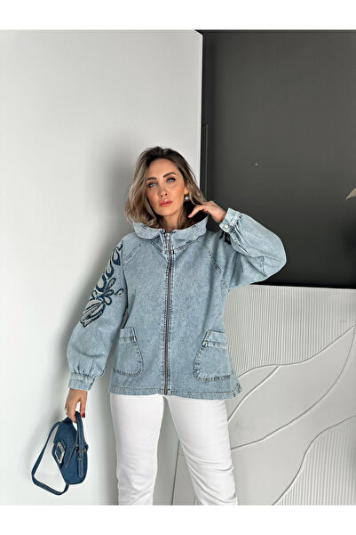 Zerrincan Giyim Mavi Yaprak Desen Pullu Kot Ceket