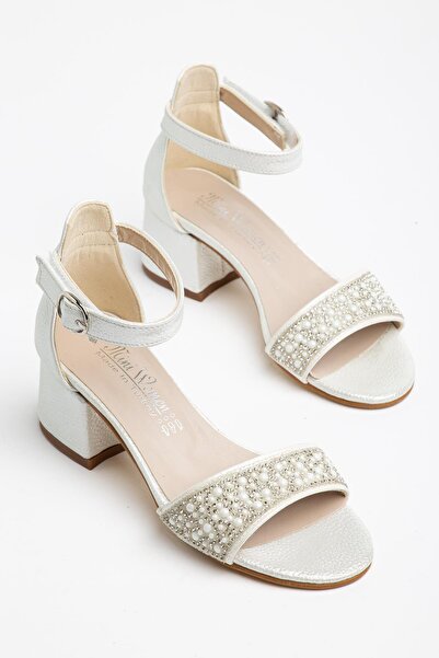 BYŞ Moda Casual Very Stylish Girls' Stone Heeled Evening Dress Shoes -White