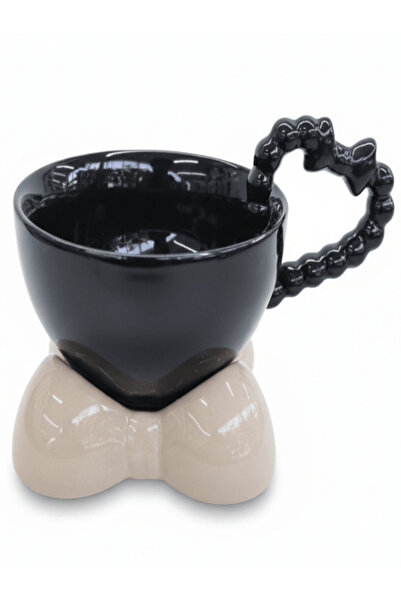 AKDC طقم فنجان وصحن من السيراميك - أسود بنقشة زهور بيج