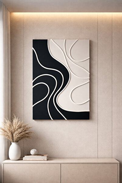 AURARTSTUDİO Siyah Beyaz 3D Rölyef Tablo – Modern Minimal Duvar Dekoru