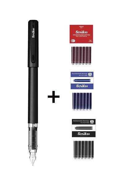 Scrikss Primeo Dolma Kalem Sİiyah & Kırmızı - Mavi - Siyah Kartuş Set