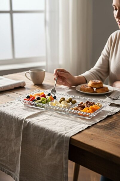 Bereketli Store Modern Boncuk İşlemeli 3 Bölmeli Sunum Tabağı