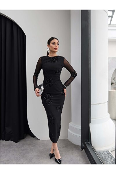 ESRAHELVACI Varaklı Sleeve Sheer Midi Dress