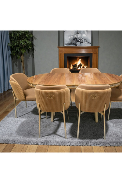 MSY HOME 6 Kişilik Aura Krom Serisi Ceviz Lake Oval Yemek Masası ve Puffy Cap...