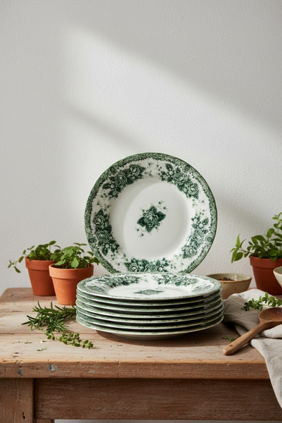 KÜTAHYA HOME Green Romance 6-Person Porcelain Cake Plate