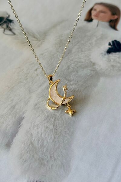 Trendy Butik قلادة من الفولاذ على شكل أوبال مرصّع بالأحجار مع أشكال القمر والقطب