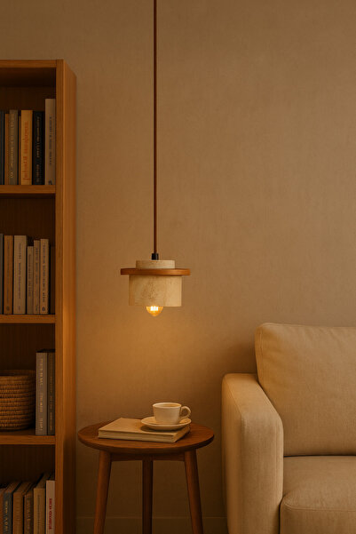 Baz Aydınlatma Ente Walnut Traverten Mermer ve Meşe Ahşap Detaylı Sarkıt Avize