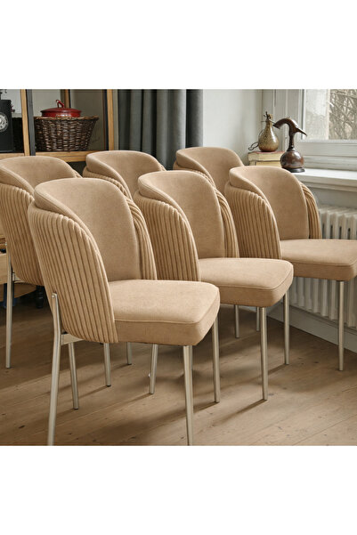 MSY HOME 2 Kişilik Aura Krom Serisi Puffy Cappuccino Sandalye Takımı Modern