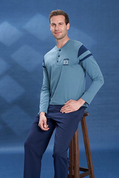 REMSA طقم بيجامة رجالي من القطن الممشط بتفاصيل نصف زر وأكمام طويلة 2101 أخضر03