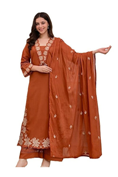 MYSMAR طقم كورتا بالازو دوباتا مطرّز باللون البرتقالي الصدئ - ALV2113 | برتقا...